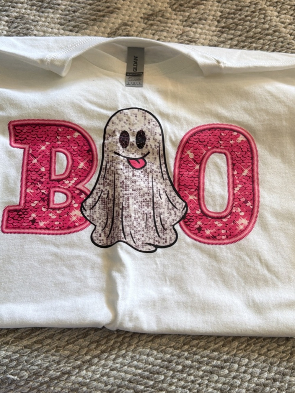 Gildan White Tee with Pink Sequin 'BOO' and Ghost Graphic